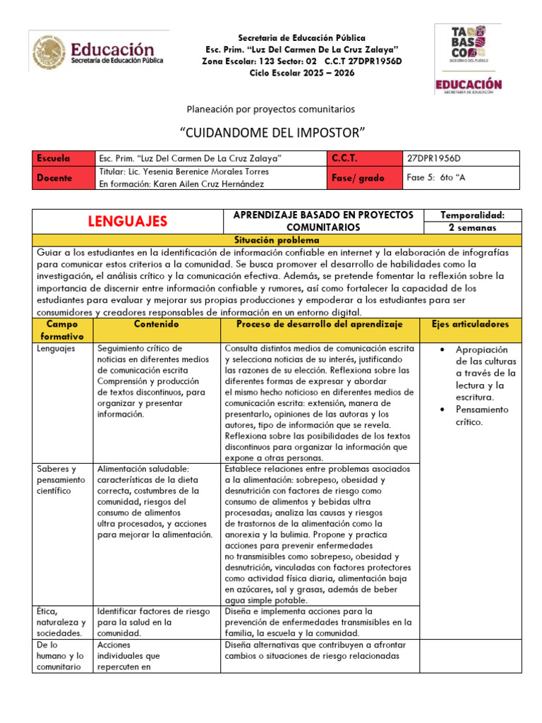 Planeación Por Proyectos COMUNITARIOS LENGUAJES KAREN ESCUELA LUZ | PDF ...