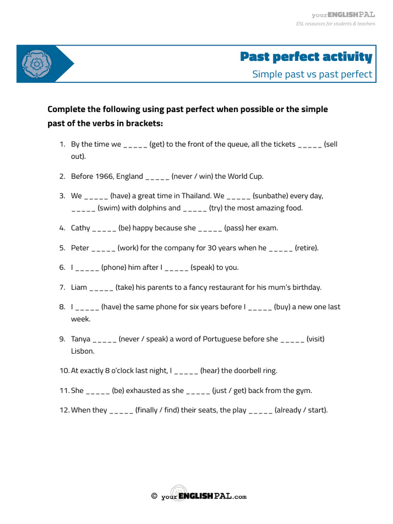 Your English Pal Grammar Worksheet Past Perfect Activity Simple Past Vs ...