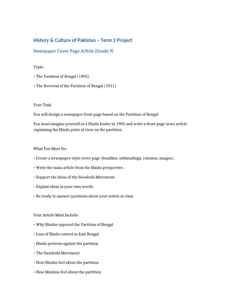 Grade 9 Partition of Bengal Newspaper Project | PDF