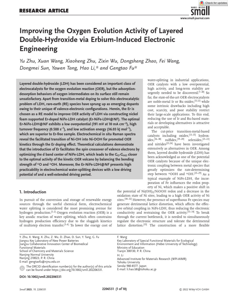 Small - 2022 - Zhu - Improving The Oxygen Evolution Activity of Layered ...