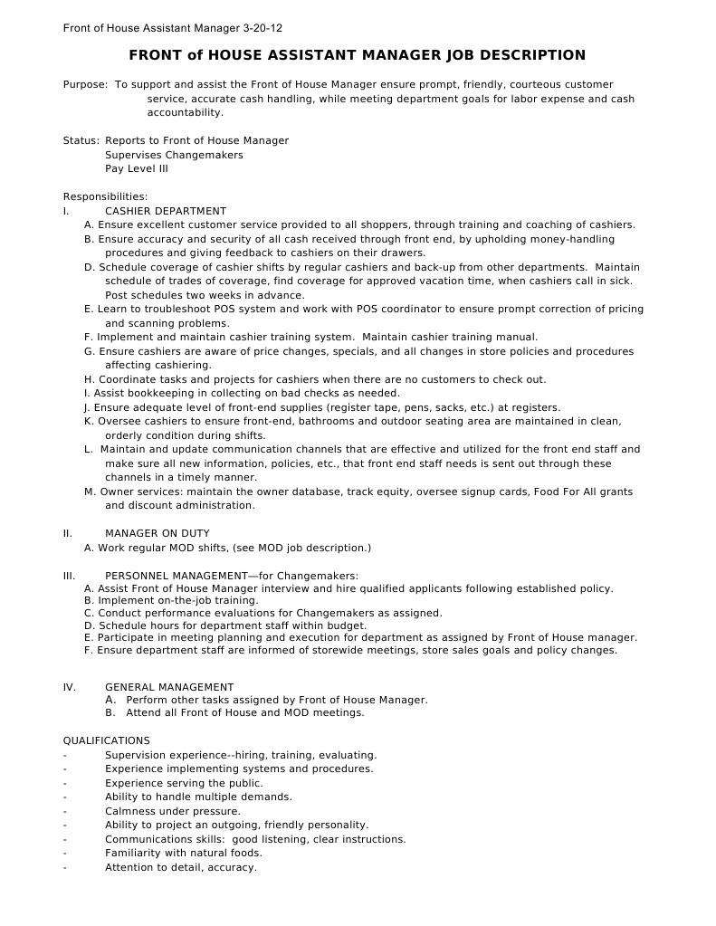 Assistant Front Of House Manager Job Description Cashier Business