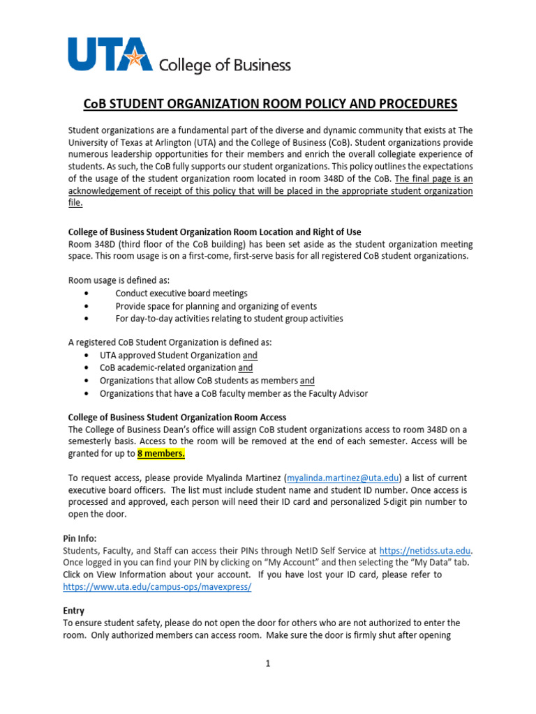 Student Org Room Use Policy and Procedure - 2023 | PDF