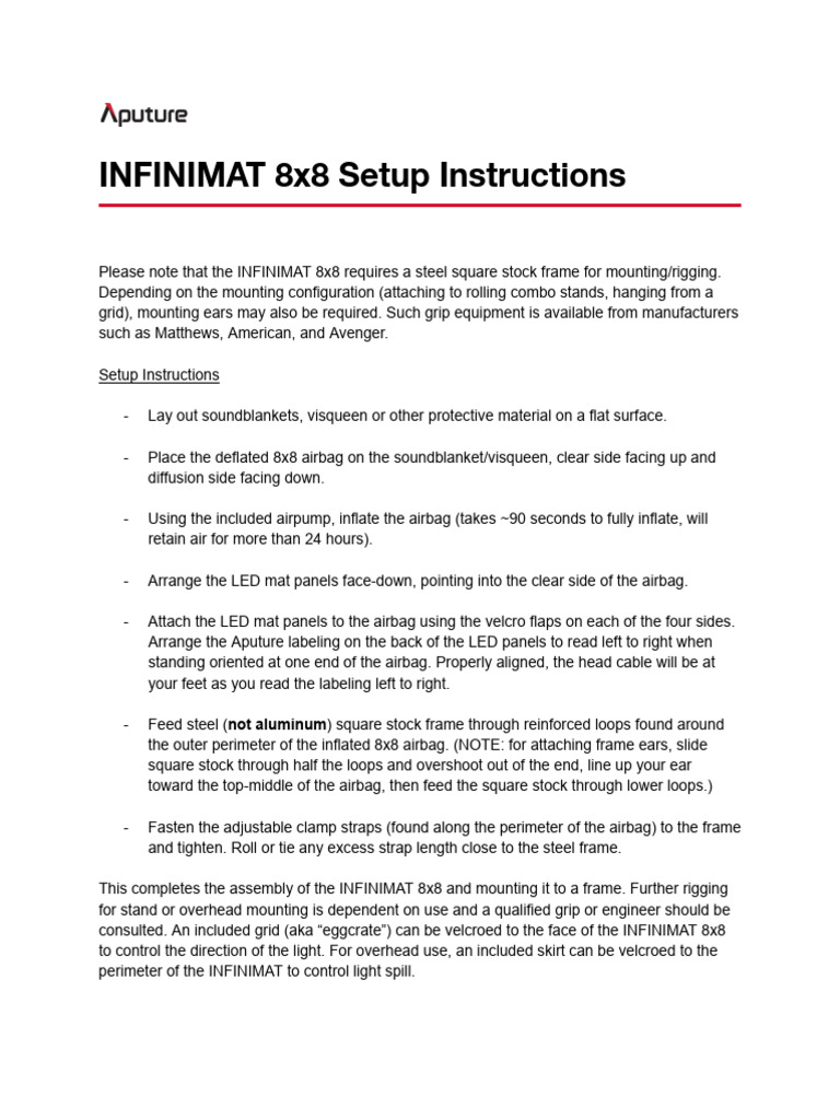 INFINIMAT 8x8 Setup Instructions | PDF | Airbag