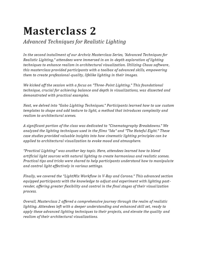 Masterclass 2 - Advanced Techniques For Realistic Lighting | PDF