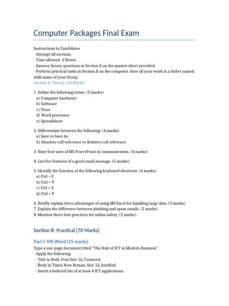 Computer Packages Exam | PDF | Microsoft Excel | Microsoft Word
