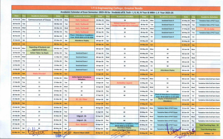 Academic Calender Even Sem For The Academic Session 2025-26 | PDF