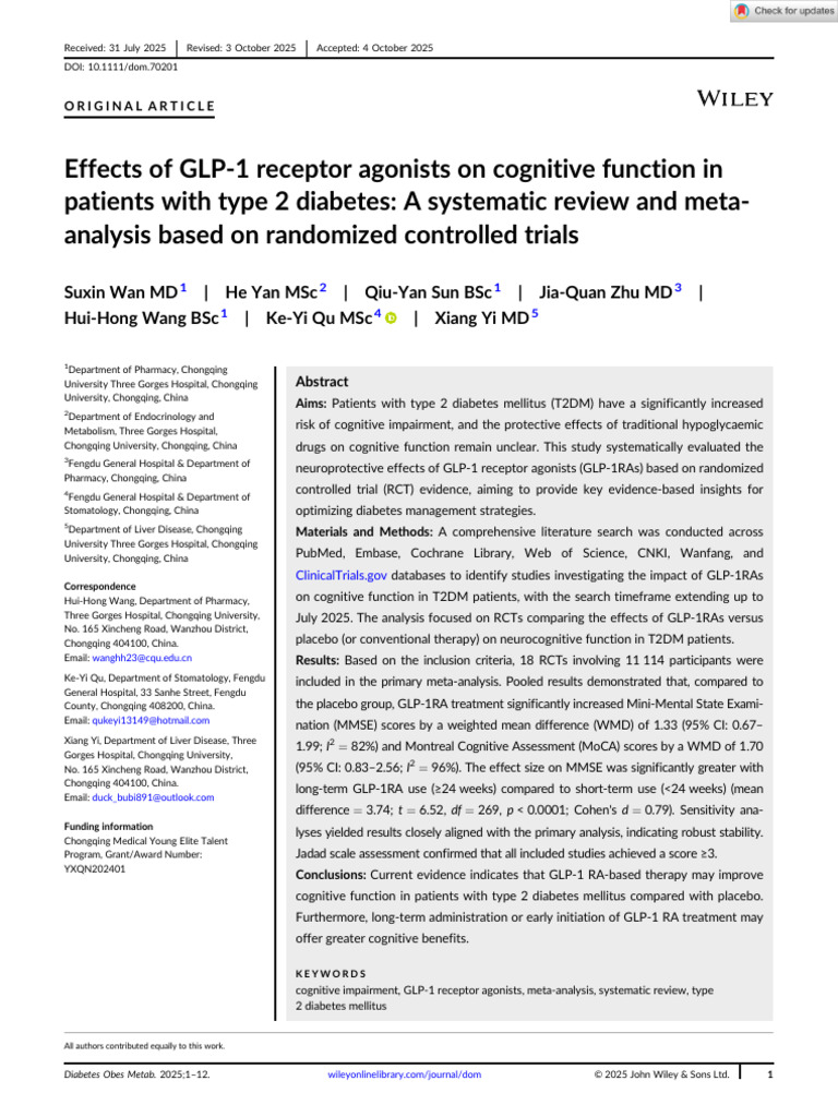 Effects of GLP-1 Receptor Agonists On Cognitive Function in Patients ...