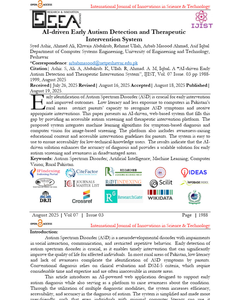 AI-driven Early Autism Detection and Therapeutic I | PDF | Autism ...
