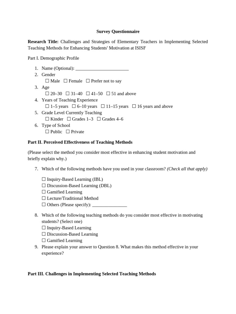 Mamasaraya Mariano (Questionnaire) | PDF | Teaching Method | Motivation