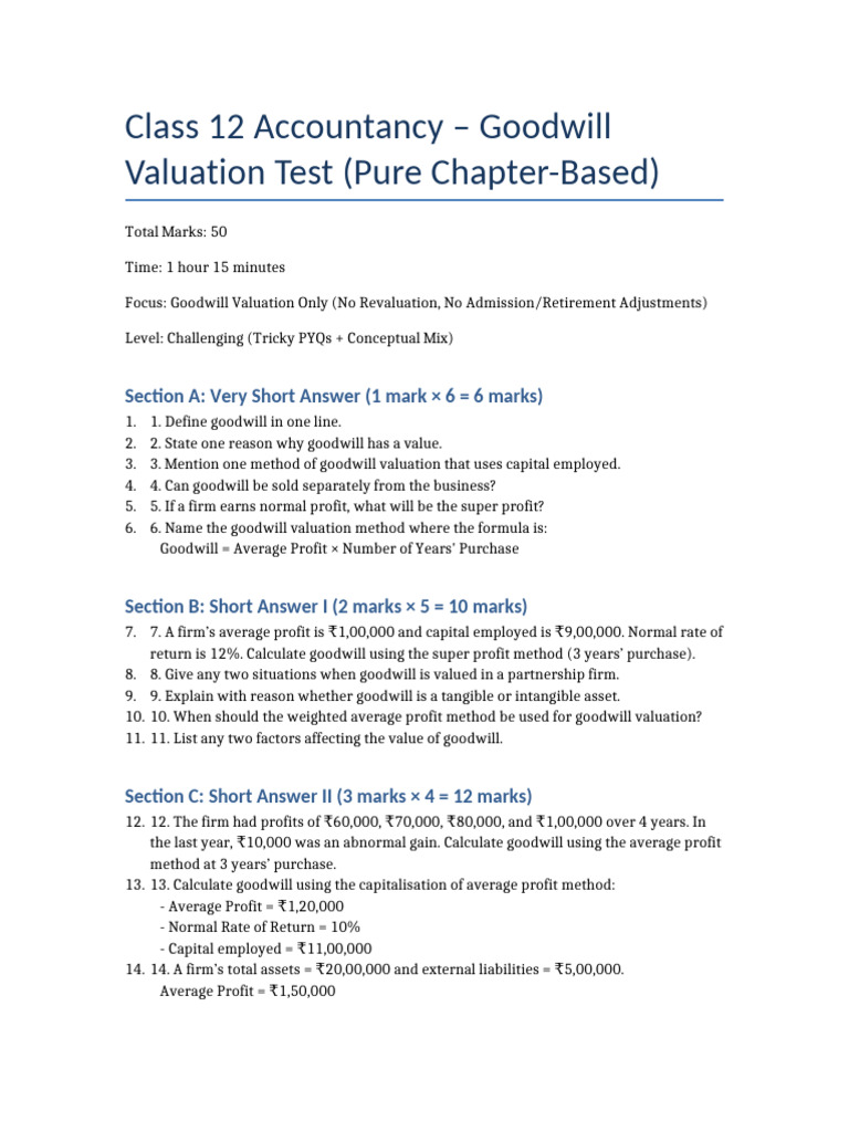 Goodwill Valuation Test Class12 | PDF | Goodwill (Accounting ...