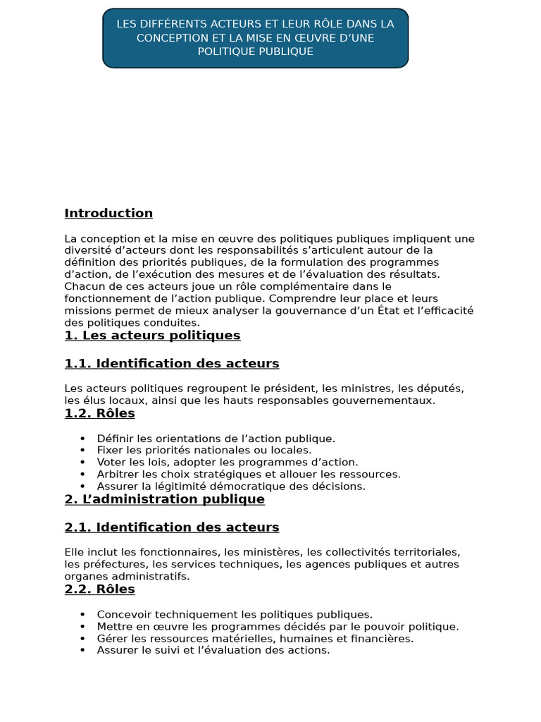 Les Différents Acteurs Et Leur Rôle Dans La Conception Et La Mise en ...