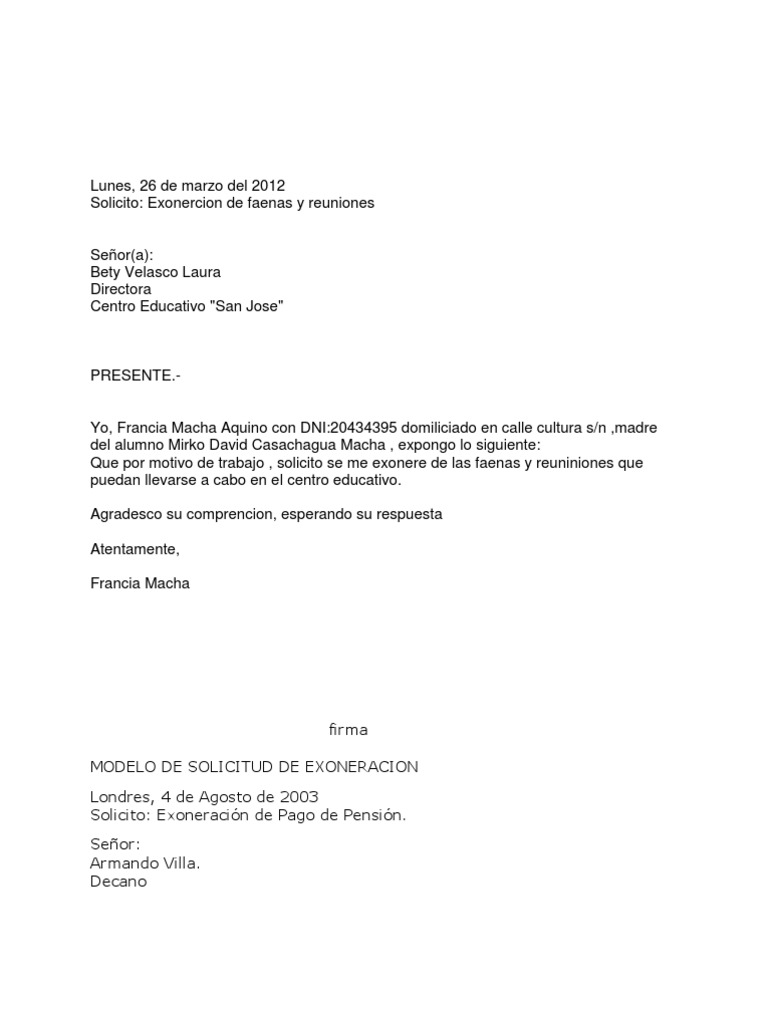 Modelo de Solicitud de Exoneracion PDF