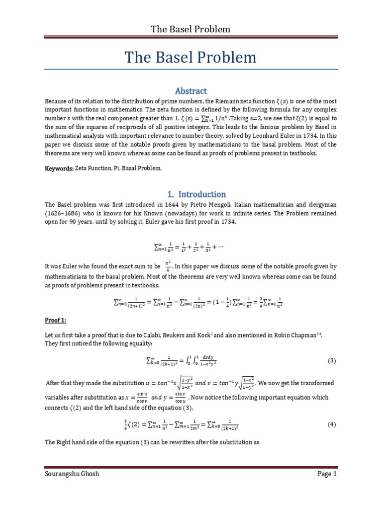 The Basel Problem | PDF | Arithmetic | Special Functions