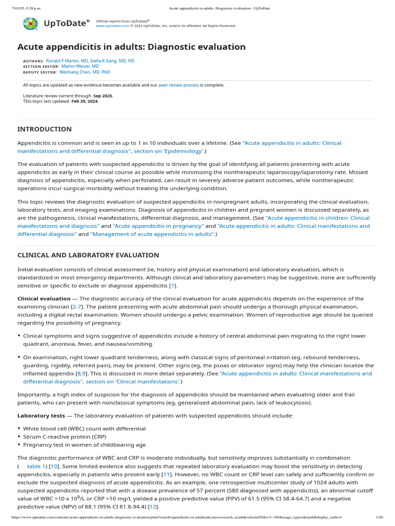 Acute Appendicitis in Adults - Diagnostic Evaluation - UpToDate | PDF ...