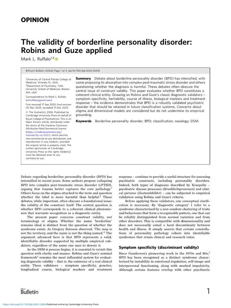 Validity of Borderline Personality Disorder Robins and Guze Applied ...