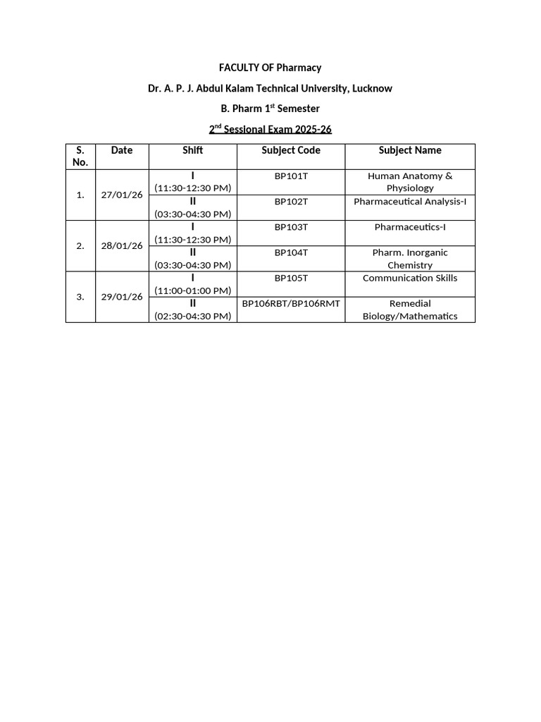 2nd Sessional Exam Schedule - Final | PDF