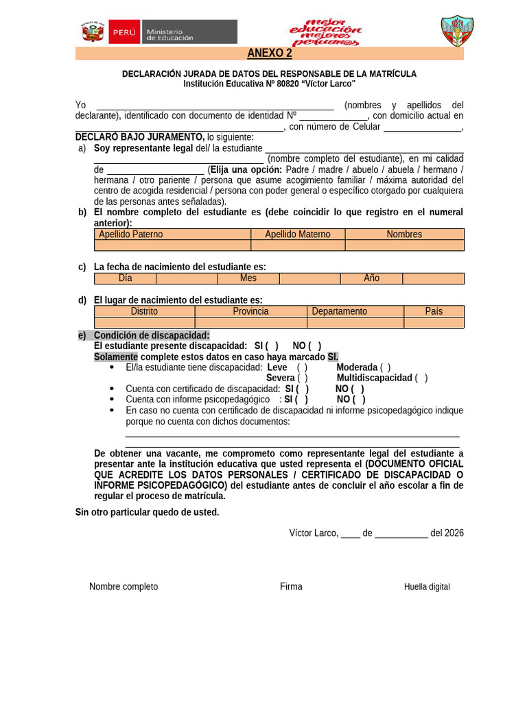 Anexo 2 - Declaración Jurada Del PPFF o Apoderado | PDF