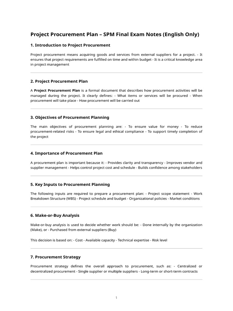 SPM - Project Procurement Plan (Exam Ready Notes) | PDF | Procurement ...