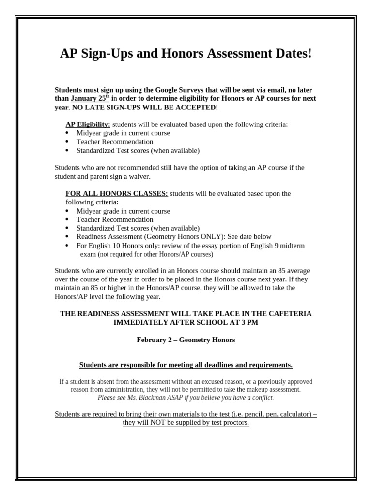 AP and Honors Sign Ups 2026 | PDF