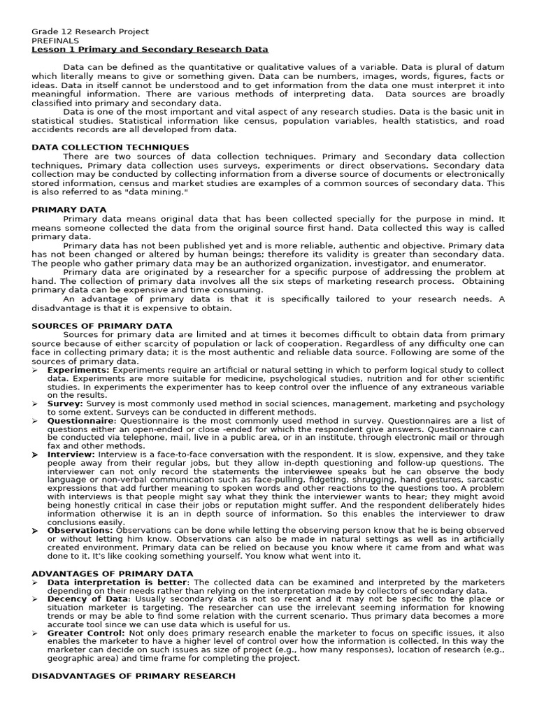 Lesson 1 Primary and Secondary Research Data NOTES | PDF | Data ...
