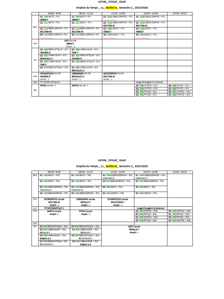 Emplois Du Temps - SEMESTRE 2 - 2025 - 2026 | PDF | Environnement ...