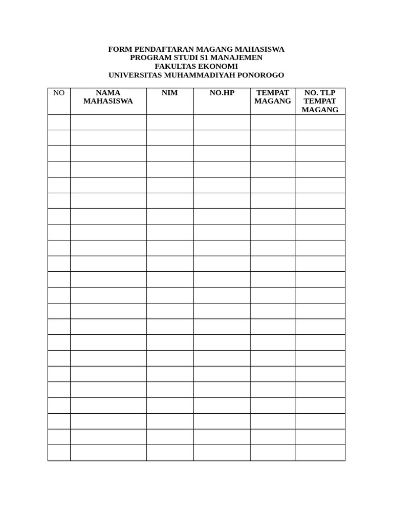 Form Pendaftaran Magang Mahasiswa | PDF