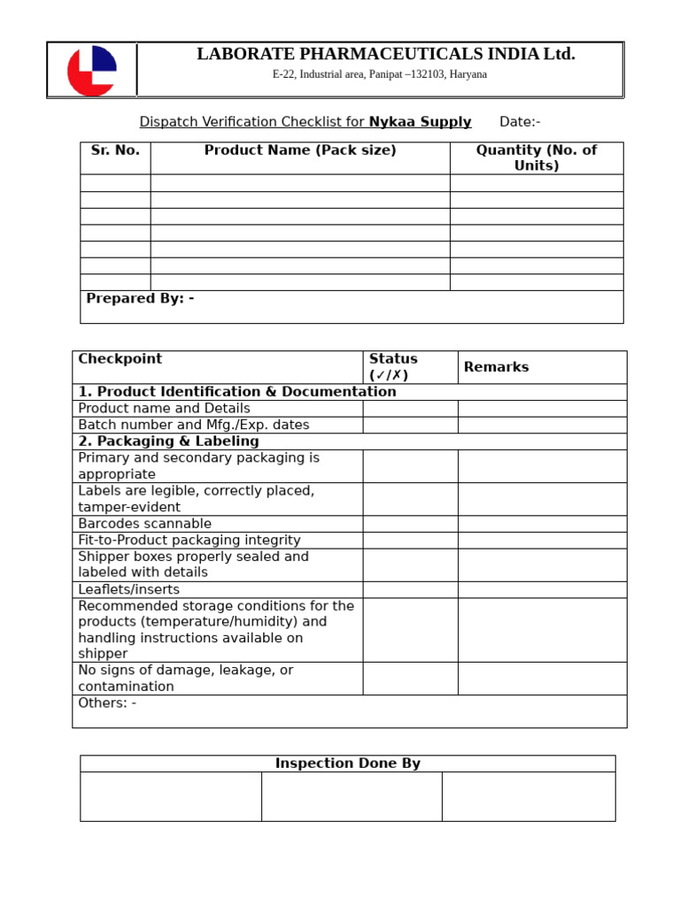 Dispatch Verification Checklist For Nykaa Supply Date - 052125 | PDF