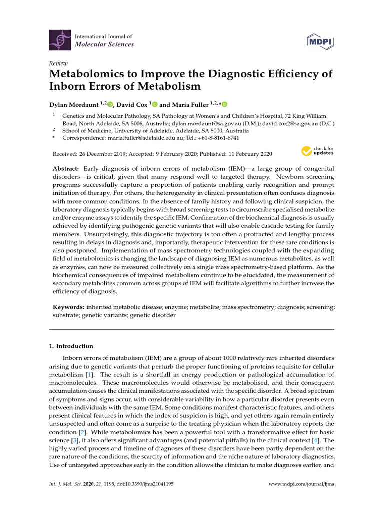 Metabolomics To Improve The Diagnostic Efficiency of Ijms-21-01195 ...
