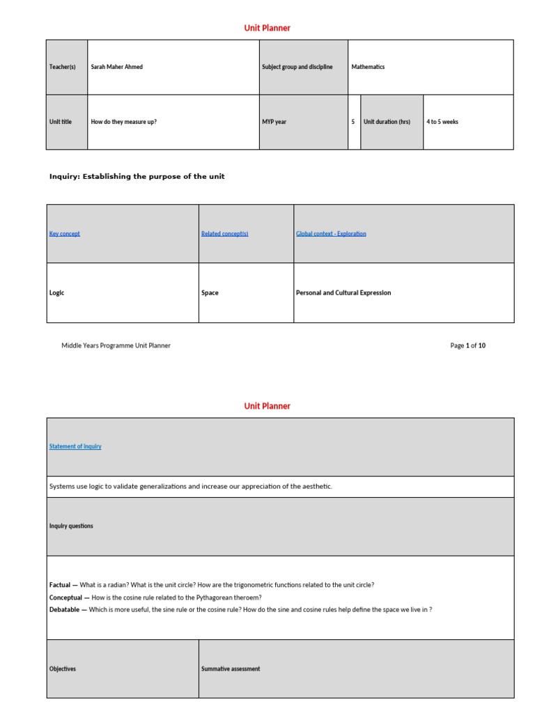 5 Unit - Planner MYP5 Ext U1 2025 | PDF | Trigonometric Functions ...