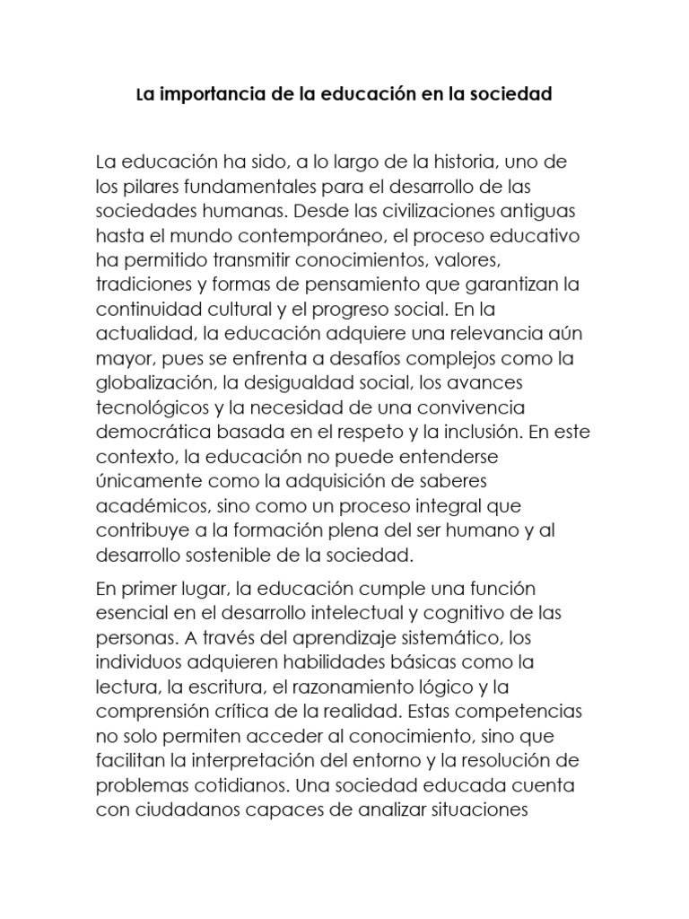 Importancia de La Educación en La Sociedad | PDF | Sociedad | Conocimiento