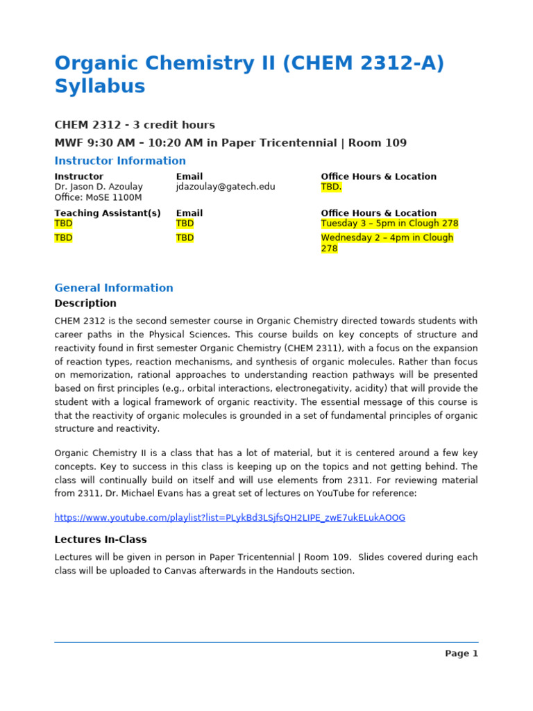 2312 Syllabus Spring 2026b | PDF | Chemical Reactions | Chemistry