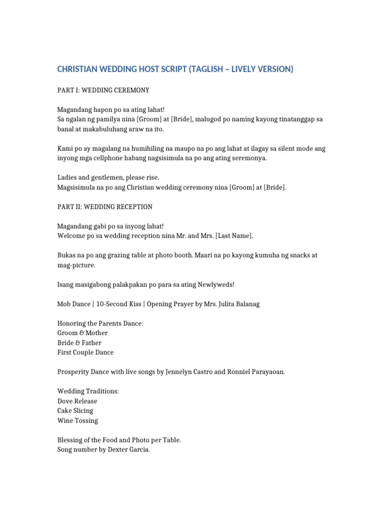 Christian Wedding Host Script Taglish Lively | PDF