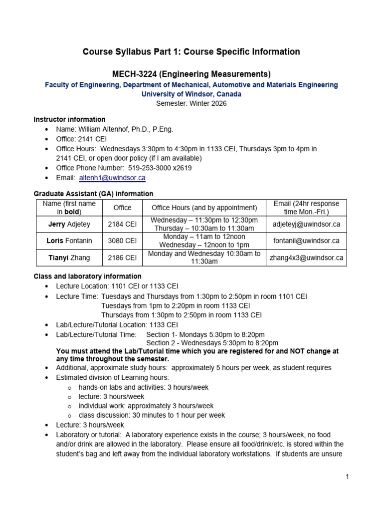 MECH 3224 Syllabus W2026 Final | PDF | Data Acquisition | Lecture