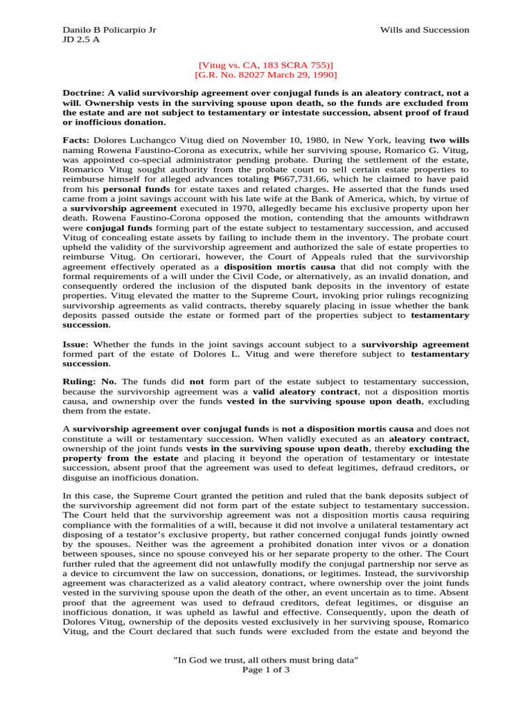 Vitug vs. CA, 183 SCRA 755) | PDF | Will And Testament | Concurrent Estate