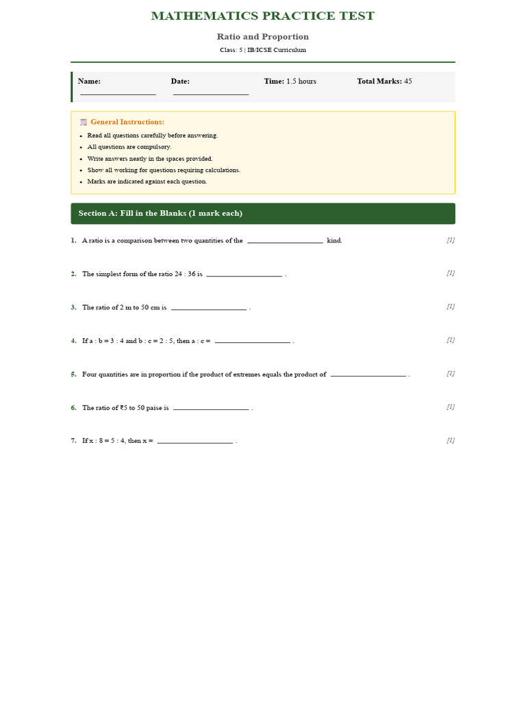 Ratio and Proportion - Practice Test | PDF | Ratio | Length