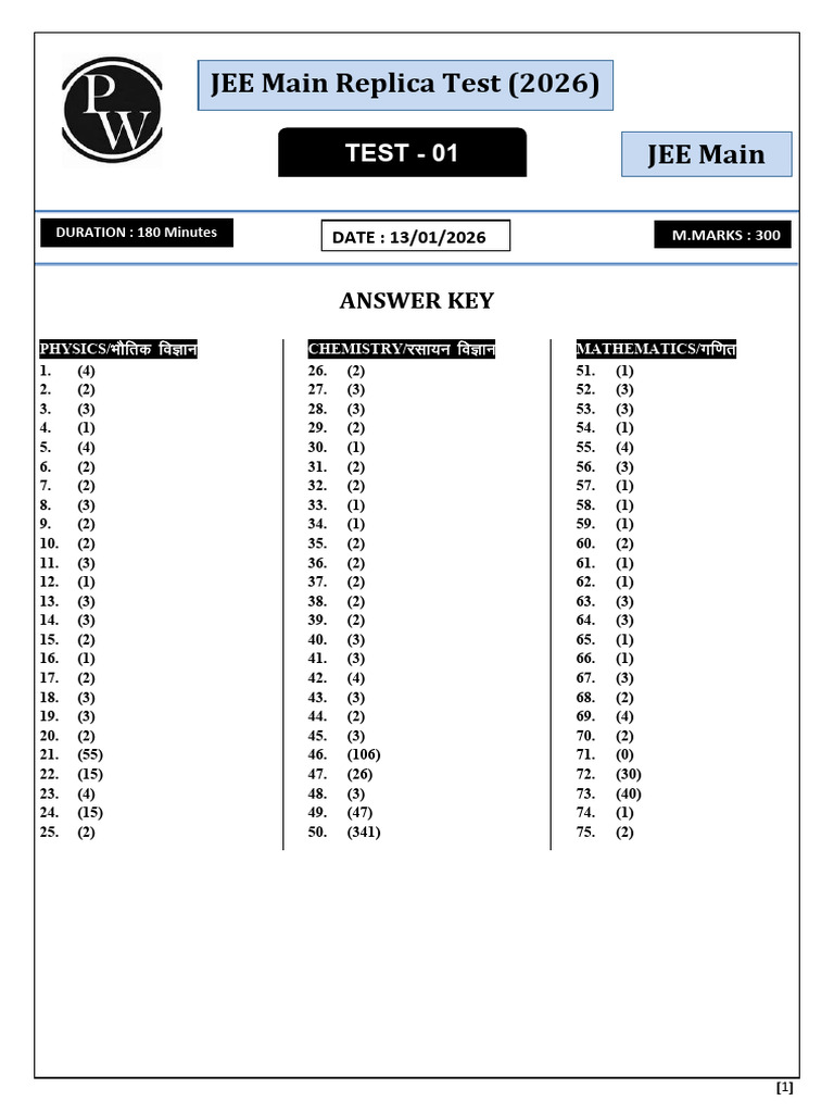 JEE Main Replica Test 01 Hints and Solutions (PCM) PDF | PDF