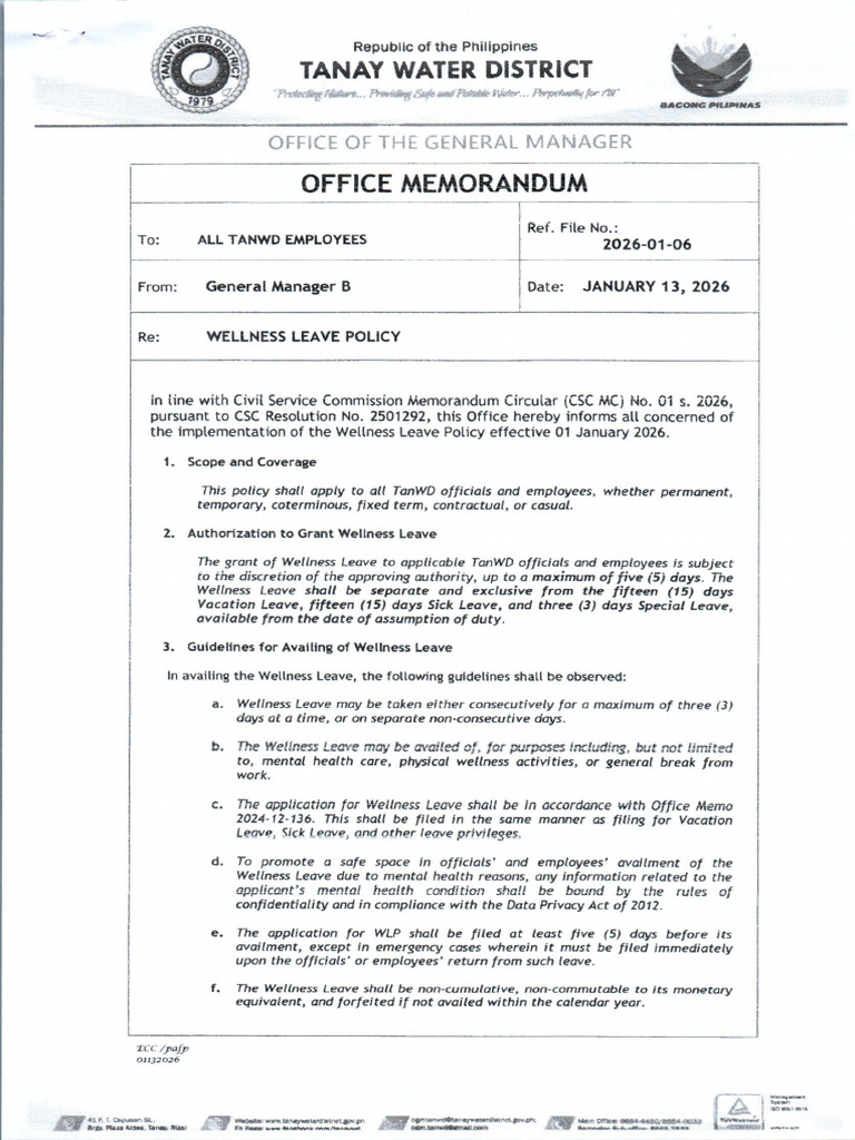 2026 01 06 Wellness Leave Policy | PDF