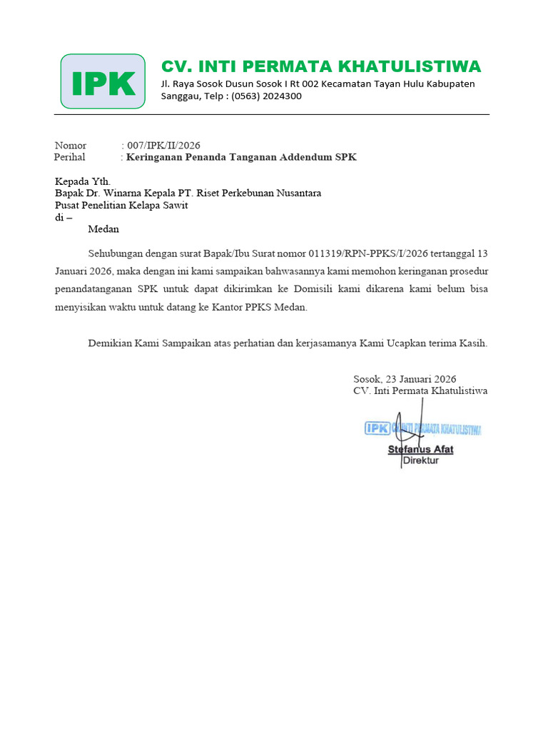 Surat Keringanan Penanda Tanganan Addendum SPK | PDF