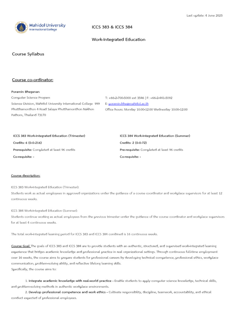 ICCS383 384 Course Syllabus 2025 6 Complete | PDF | Academic Dishonesty ...