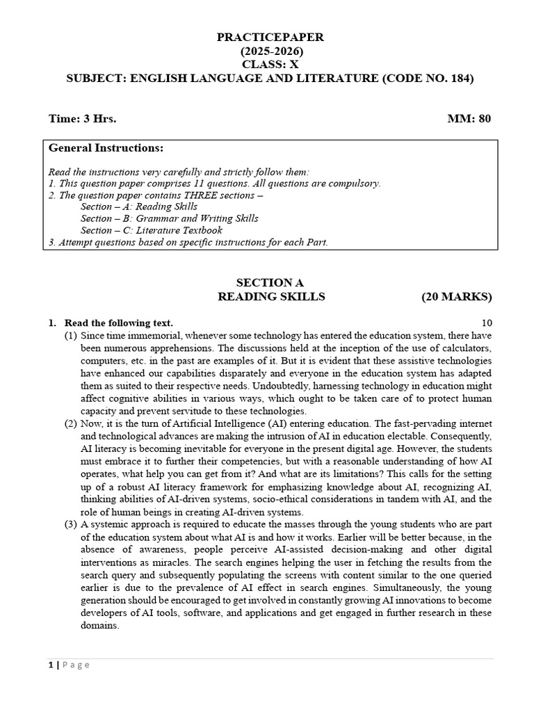 Class X English Practice Paper | PDF | Artificial Intelligence ...