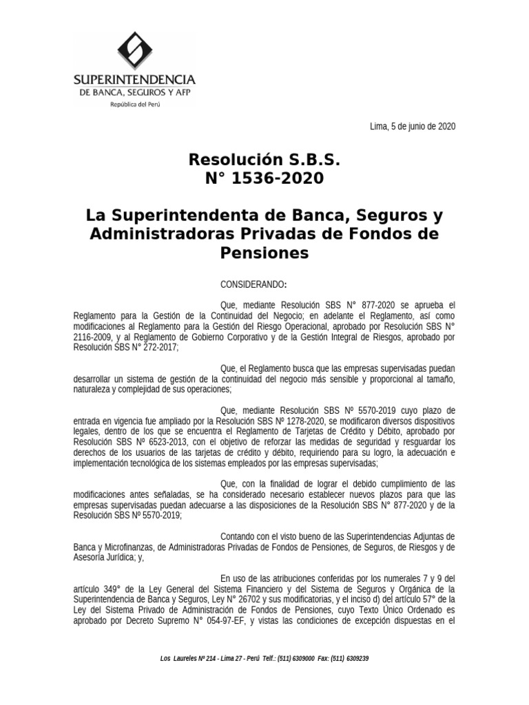 Resolución S.B.S. #1536-2020 La Superintendenta de Banca, Seguros y ...