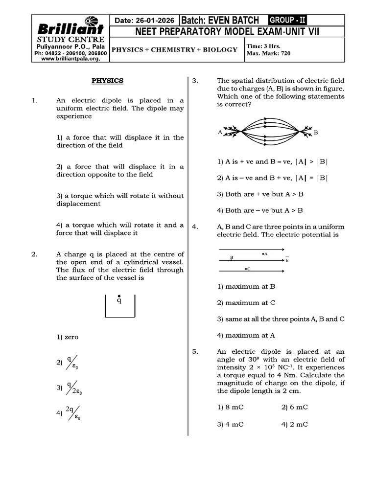 Preparatory Model Question Paper - 26 - 01 - 2026 (NEET - UNIT VII) | PDF