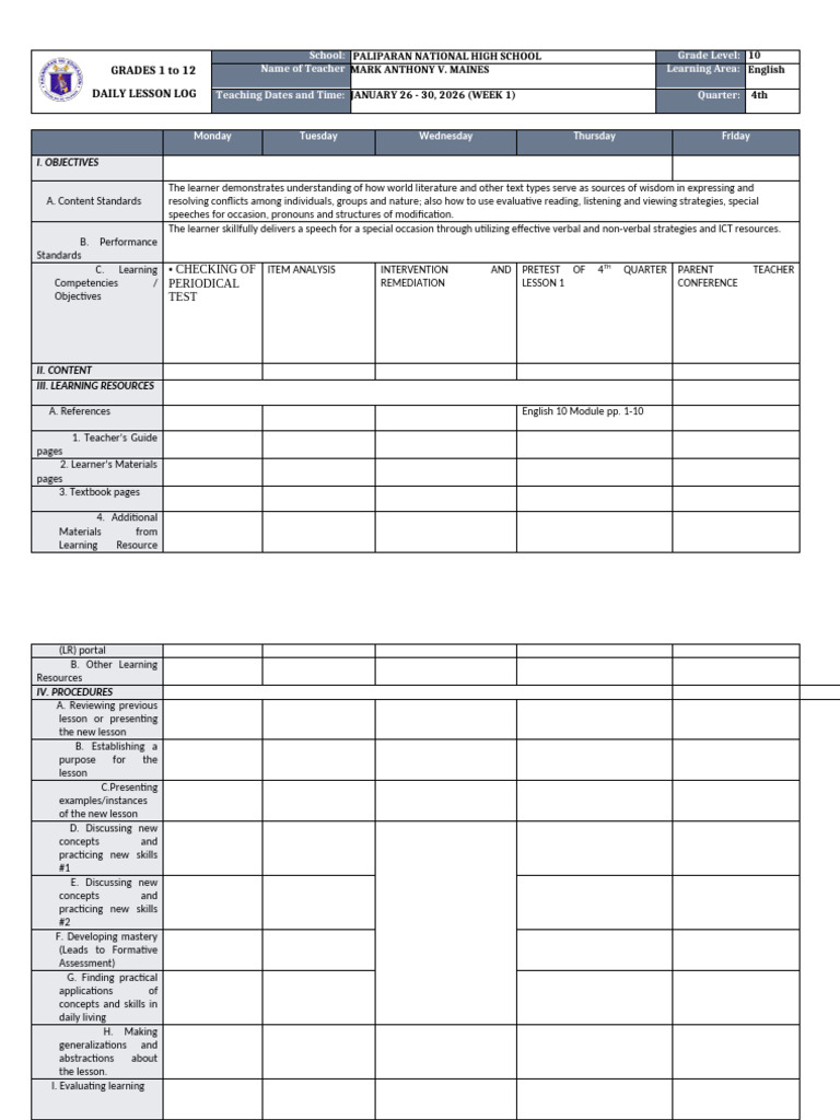 Matatag DLL English g10 q3 w2 | PDF | Learning | Teachers