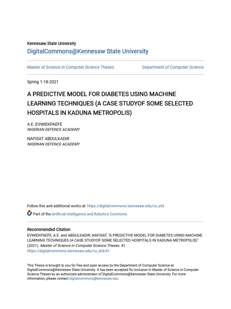 A Predictive Model For Diabetes Using Machine Learning Techniques | PDF ...
