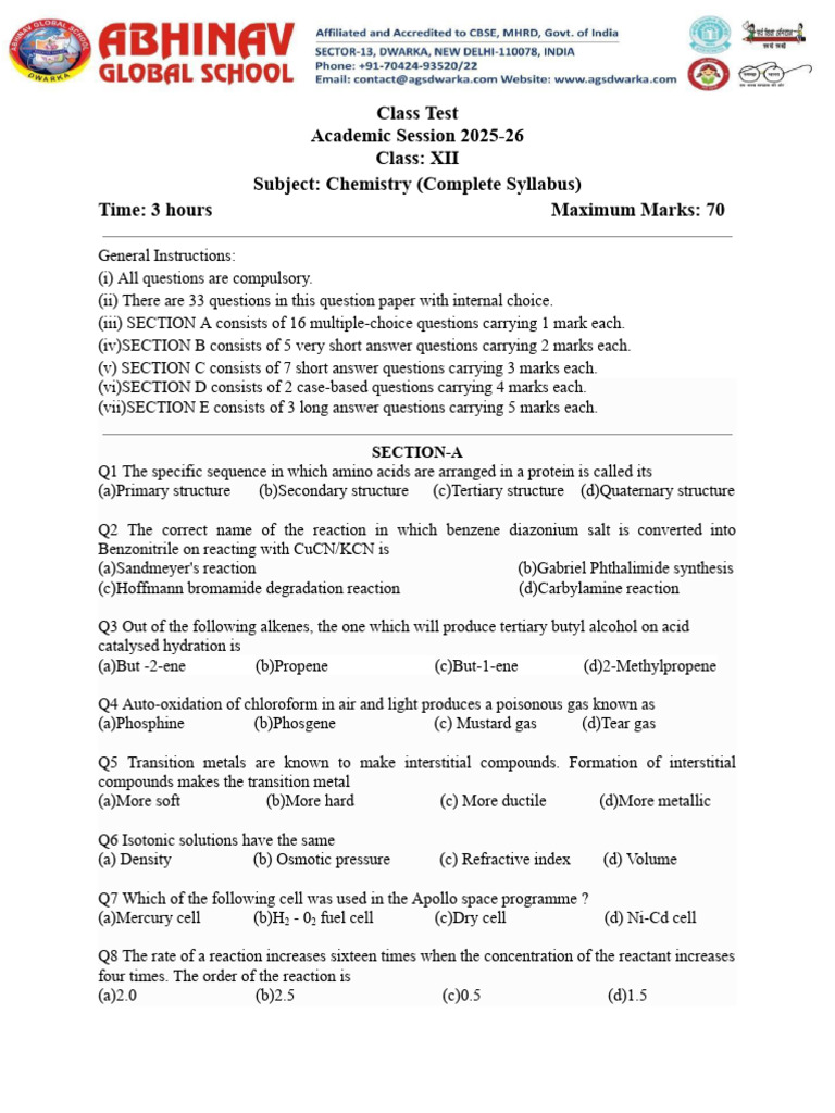 Class XII Chemistry Class Test Question Paper | PDF | Coordination ...