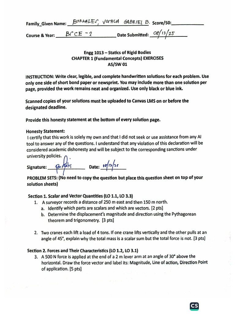 Statics of Rigid Bodies Assignment 1 | PDF