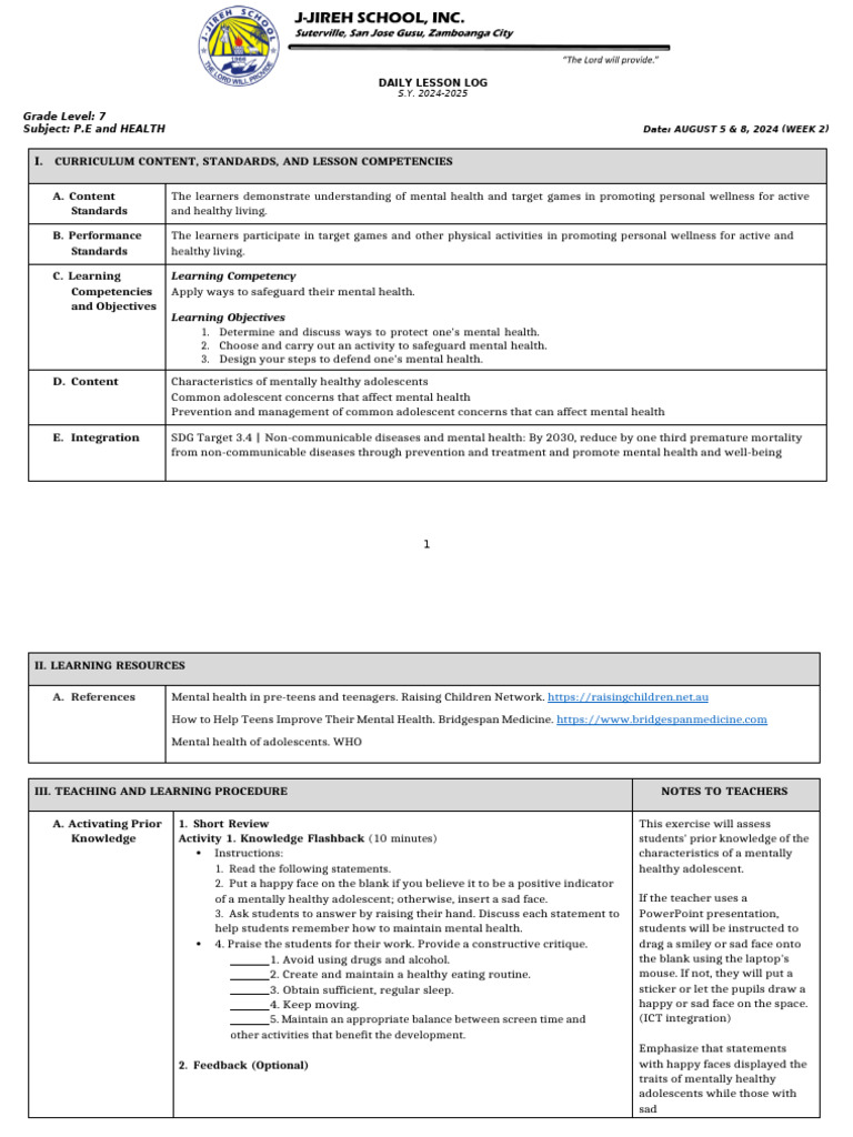 DLL Matatag - Pe & Health 7 Q1 W2 | PDF | Mental Health | Teachers