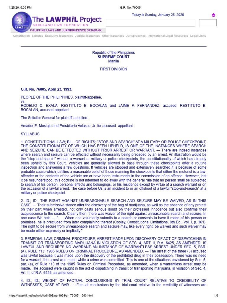 PEOPLE vs. EXALA, 221 SCRA 494 (1993) G.R. No. 76005 | PDF | Search And ...