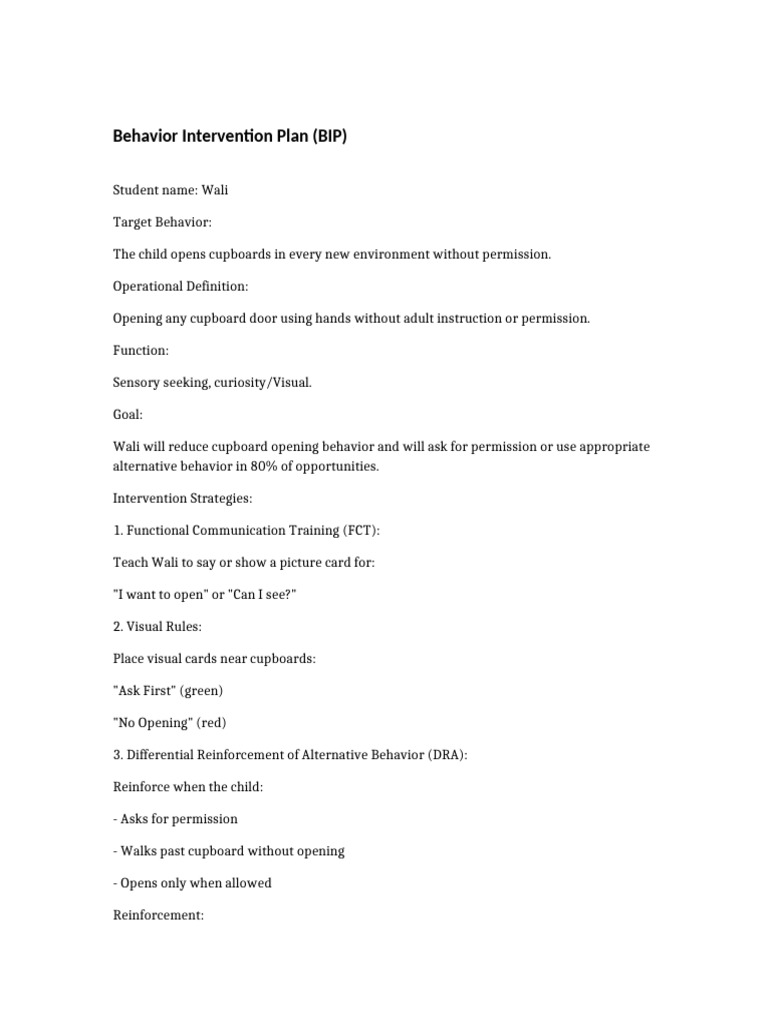 Behavior Intervention Plan Cupboard Behavior | PDF