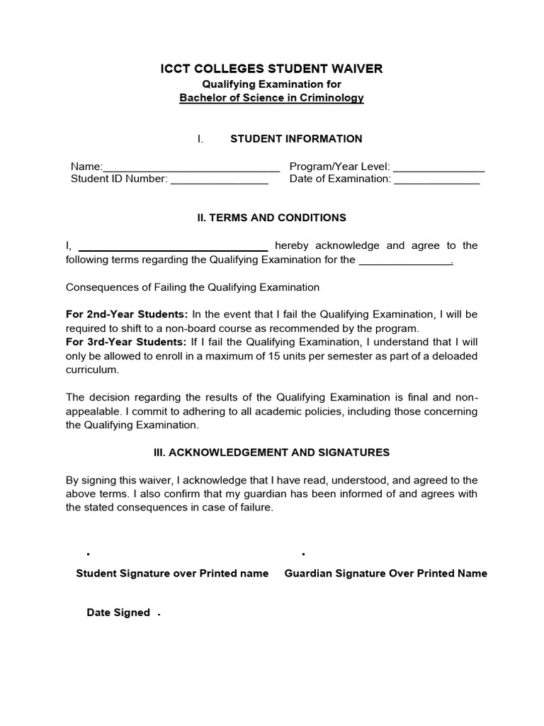 Icct Colleges Student Waiver Criminology | PDF